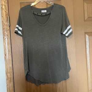 Women's Olive Green Top with Striped Sleeves